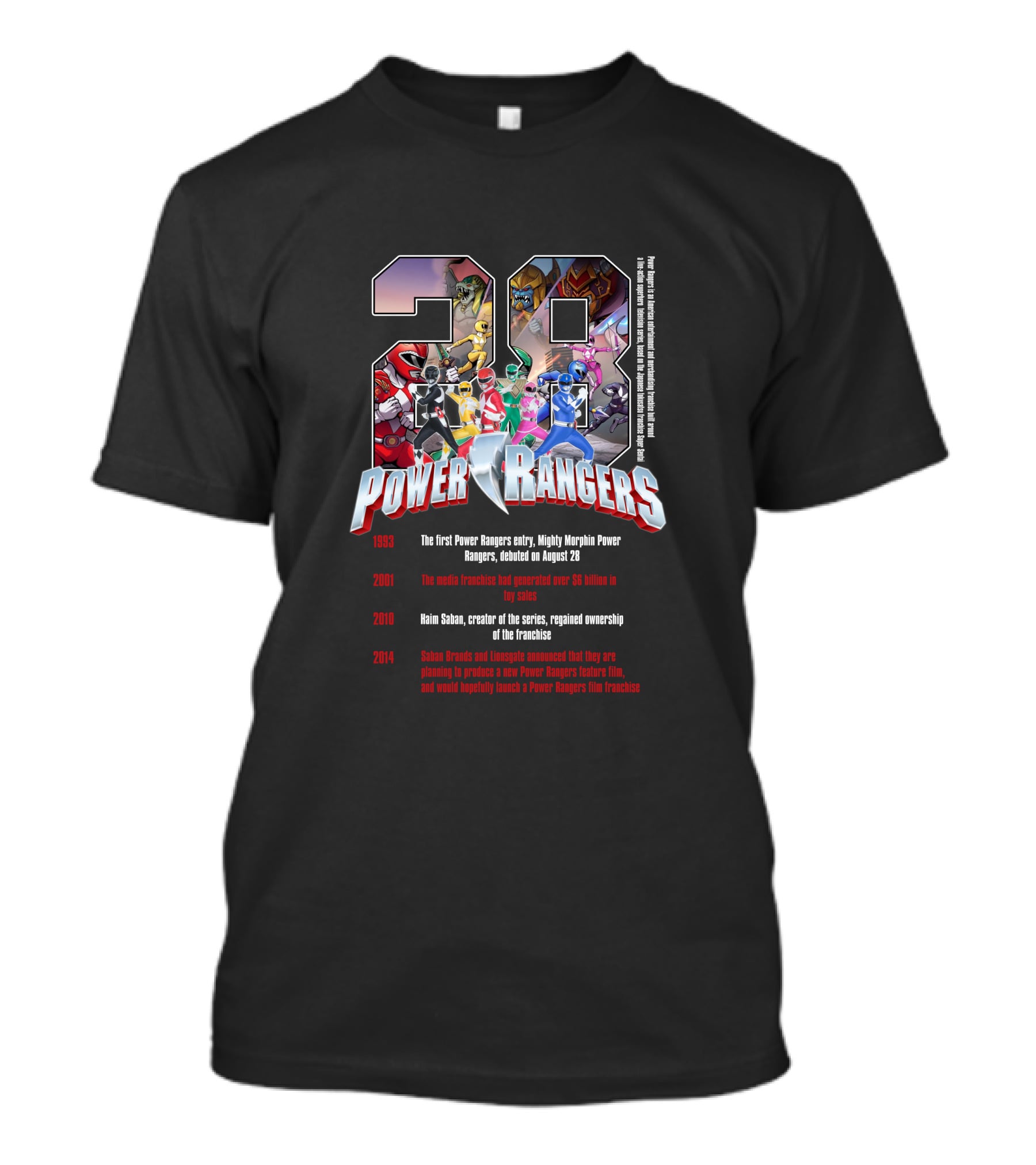 28 Power Rangers 1993-2014 Mighty Morphin Franchise History Timeline T-Shirt