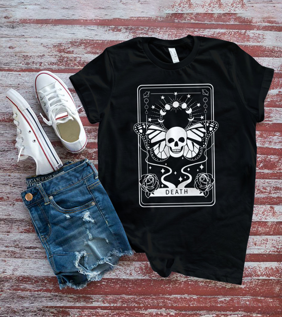 Ihascupquake New Beginnings Death Tarot Skull Butterfly Roses Moon Phases T-Shirt