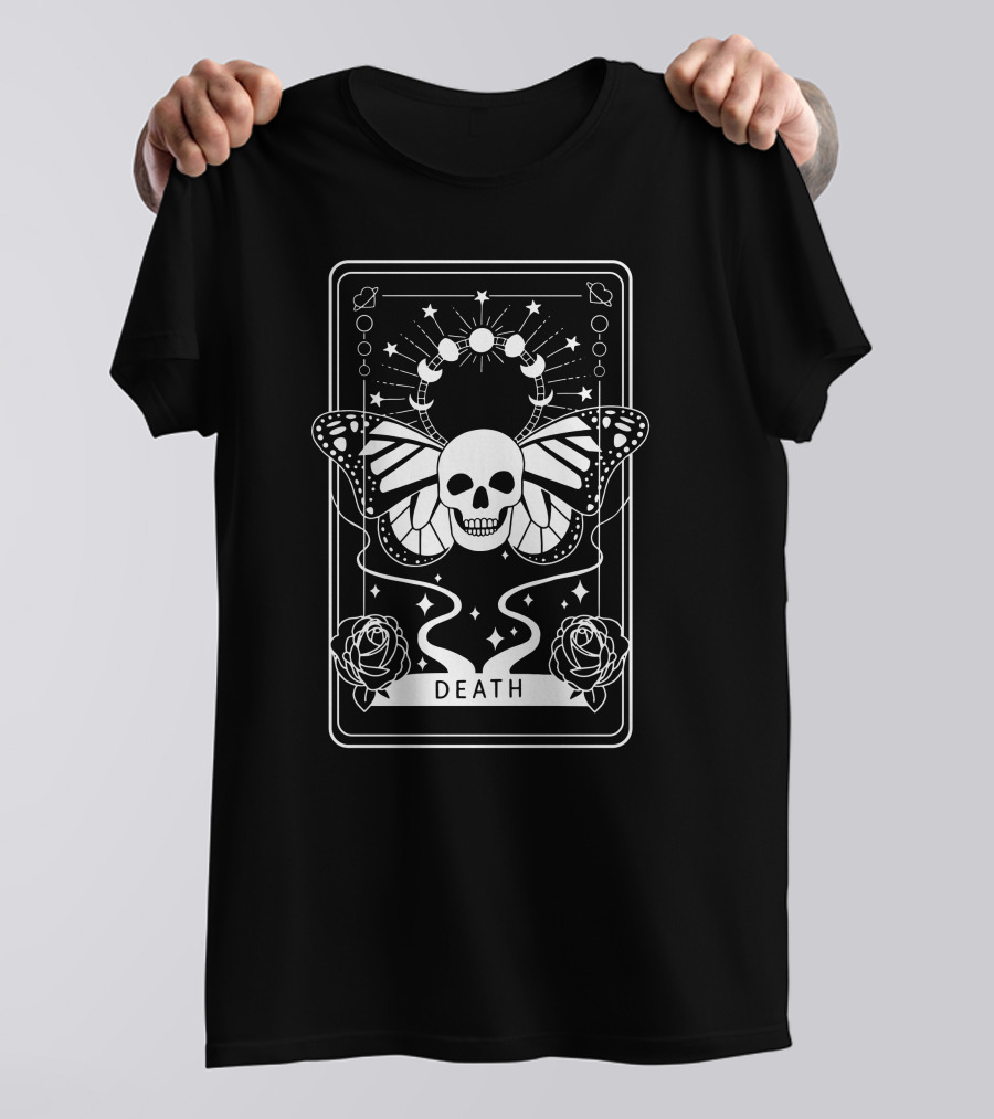 Ihascupquake New Beginnings Death Tarot Skull Butterfly Roses Moon Phases T-Shirt