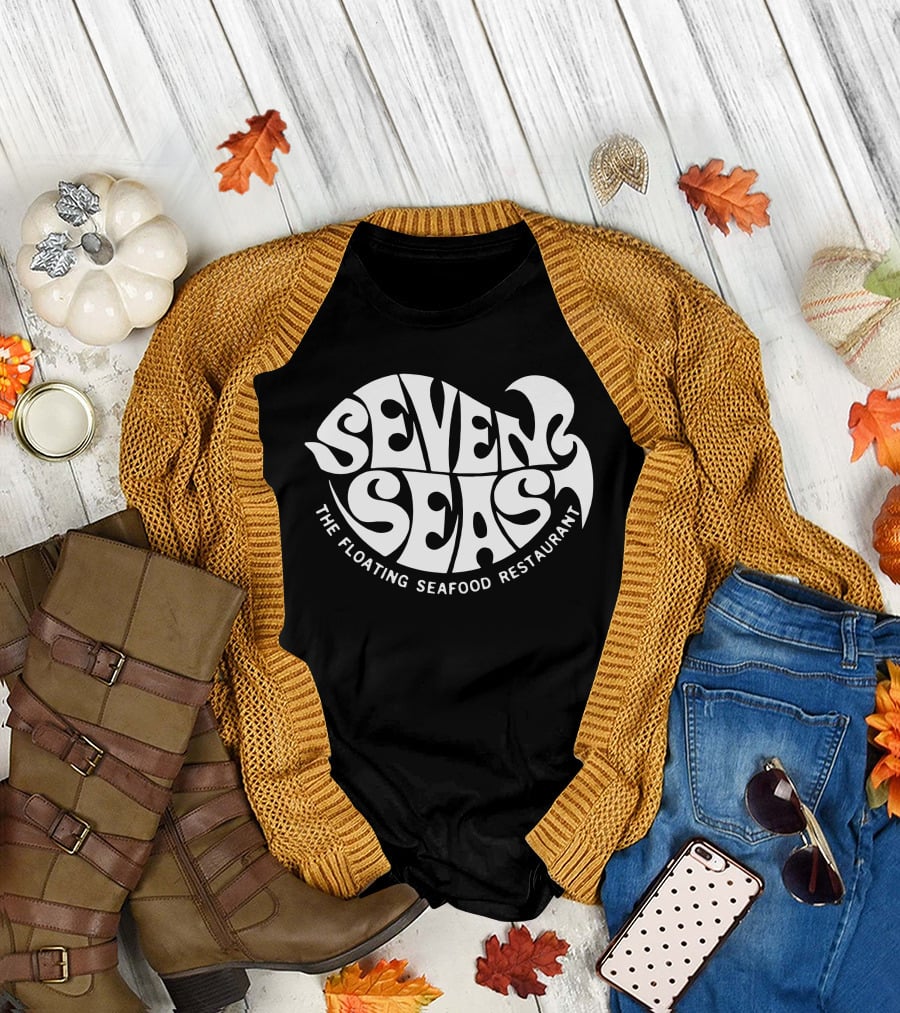 Seven Seas The Floating Seafood Restaurant Retro Psychedelic Typography T-Shirt