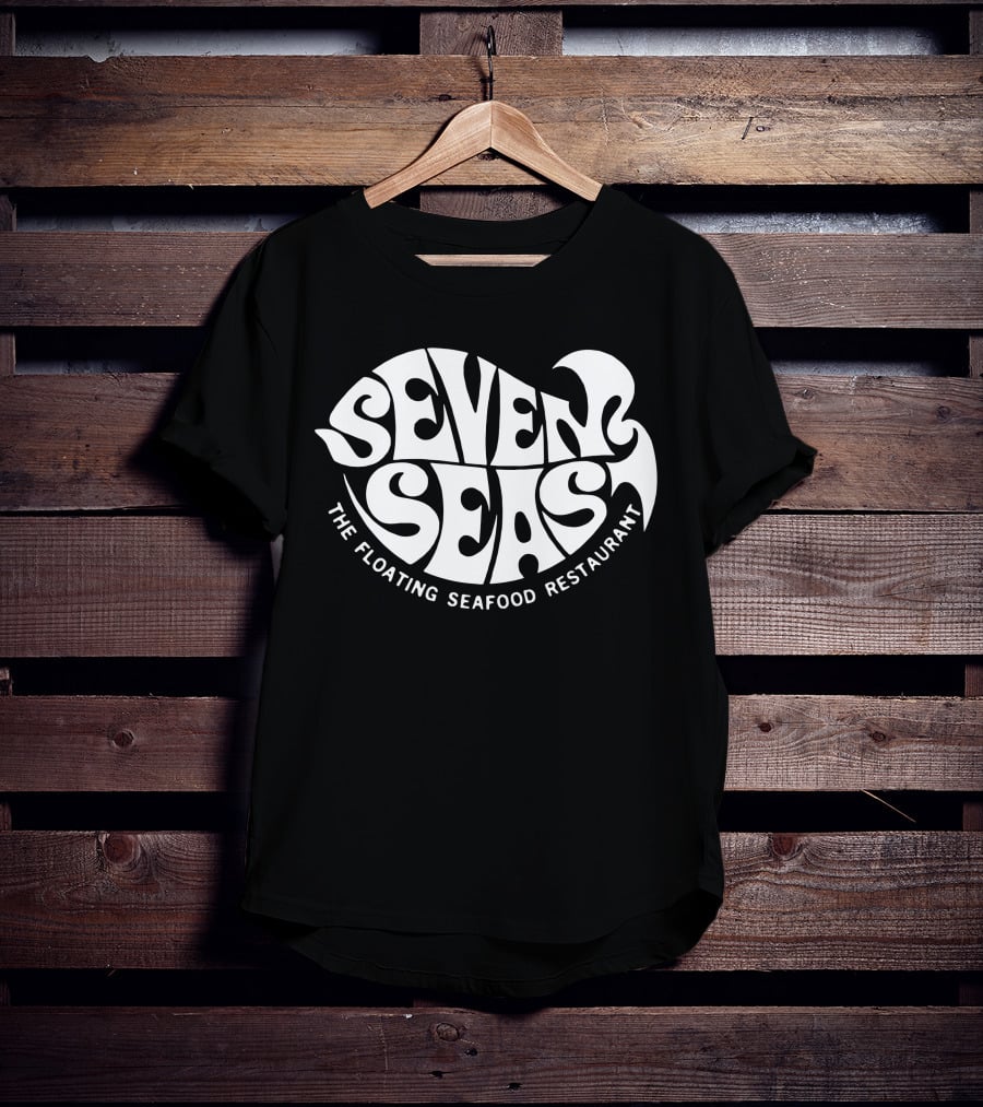Seven Seas The Floating Seafood Restaurant Retro Psychedelic Typography T-Shirt