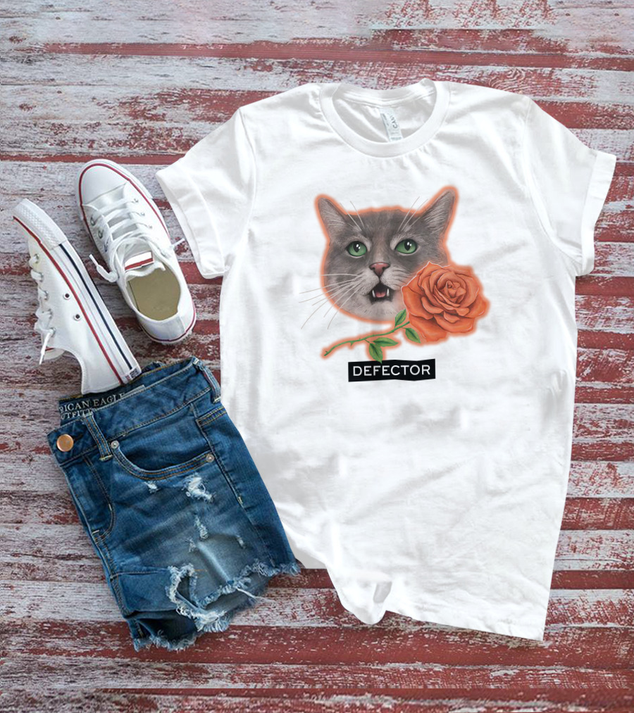 Defector Grey Cat With Orange Rose T-Shirt