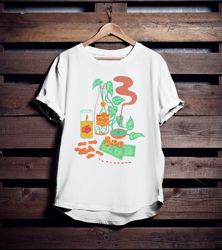 Quarenscene Natural Simone Thornton Topo Chico Peanuts Candle Dice Leaves Money Ants T-Shirt