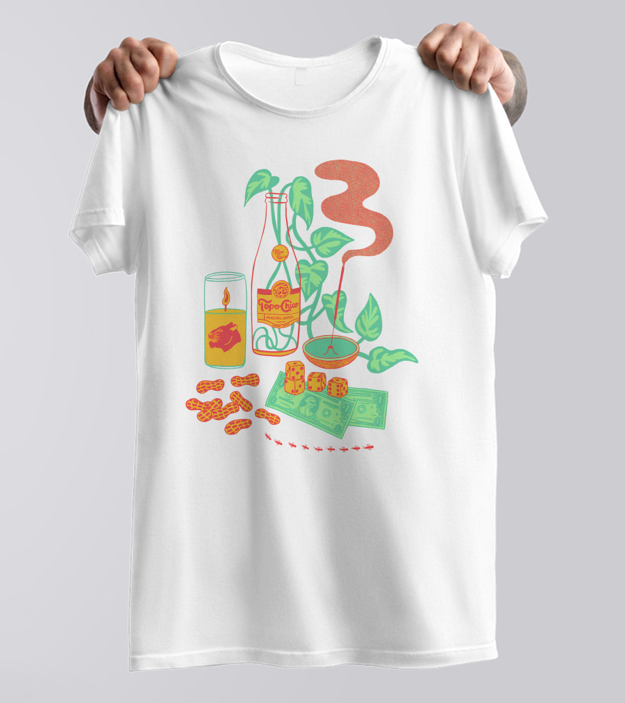 Quarenscene Natural Simone Thornton Topo Chico Peanuts Candle Dice Leaves Money Ants T-Shirt