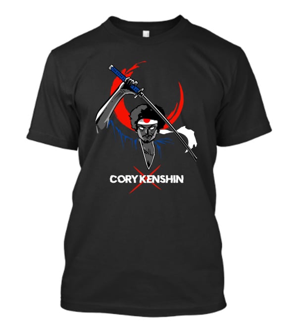 CoryxKenshin Samurai With Sword In Blue Kimono And Red Crescent Background T-Shirt