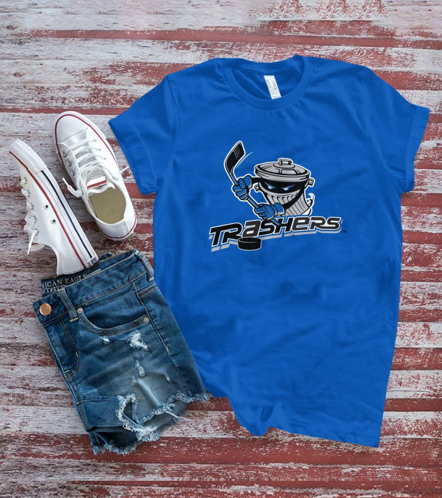 Danbury Trashers Blue Logo Hockey Trash Can Mascot T-Shirt