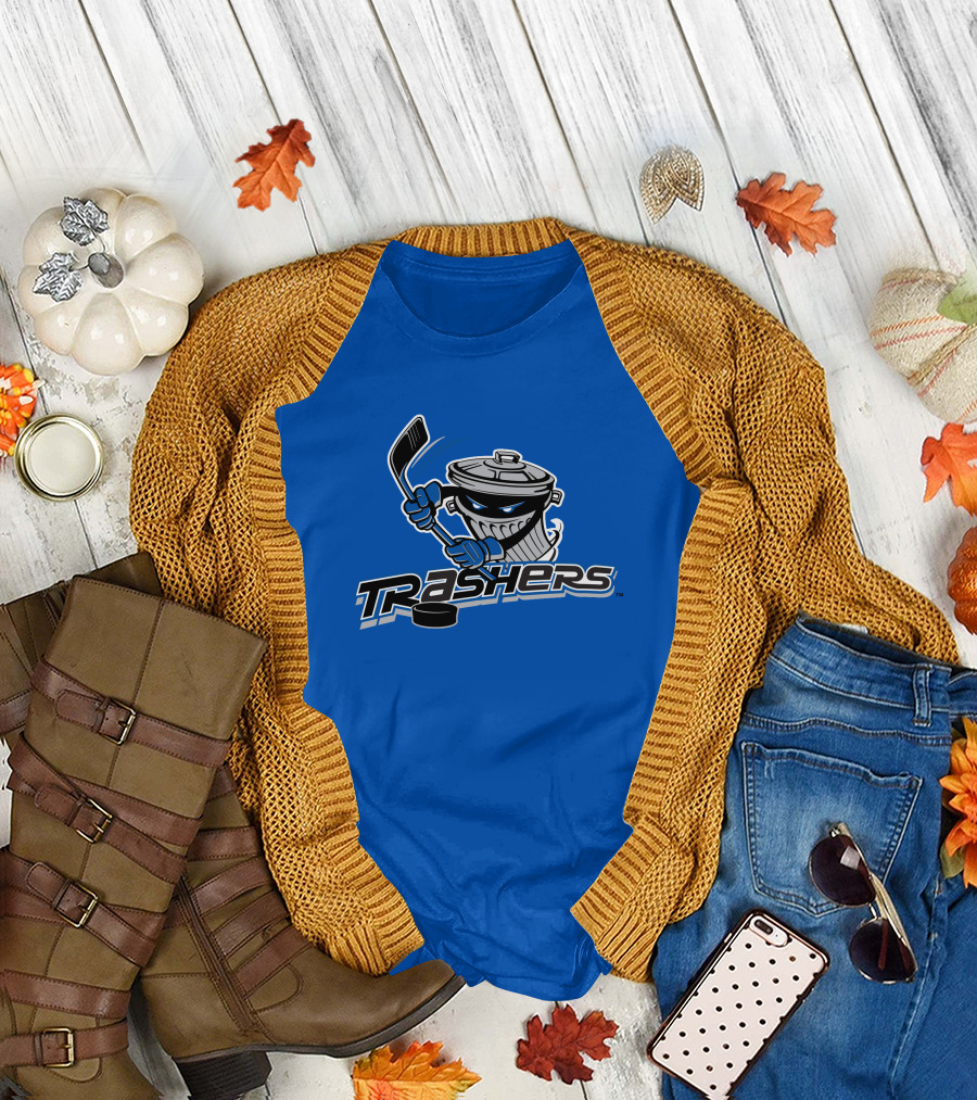 Danbury Trashers Blue Logo Hockey Trash Can Mascot T-Shirt