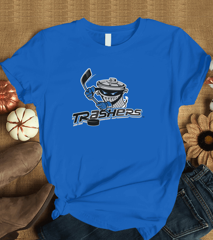 Danbury Trashers Blue Logo Hockey Trash Can Mascot T-Shirt