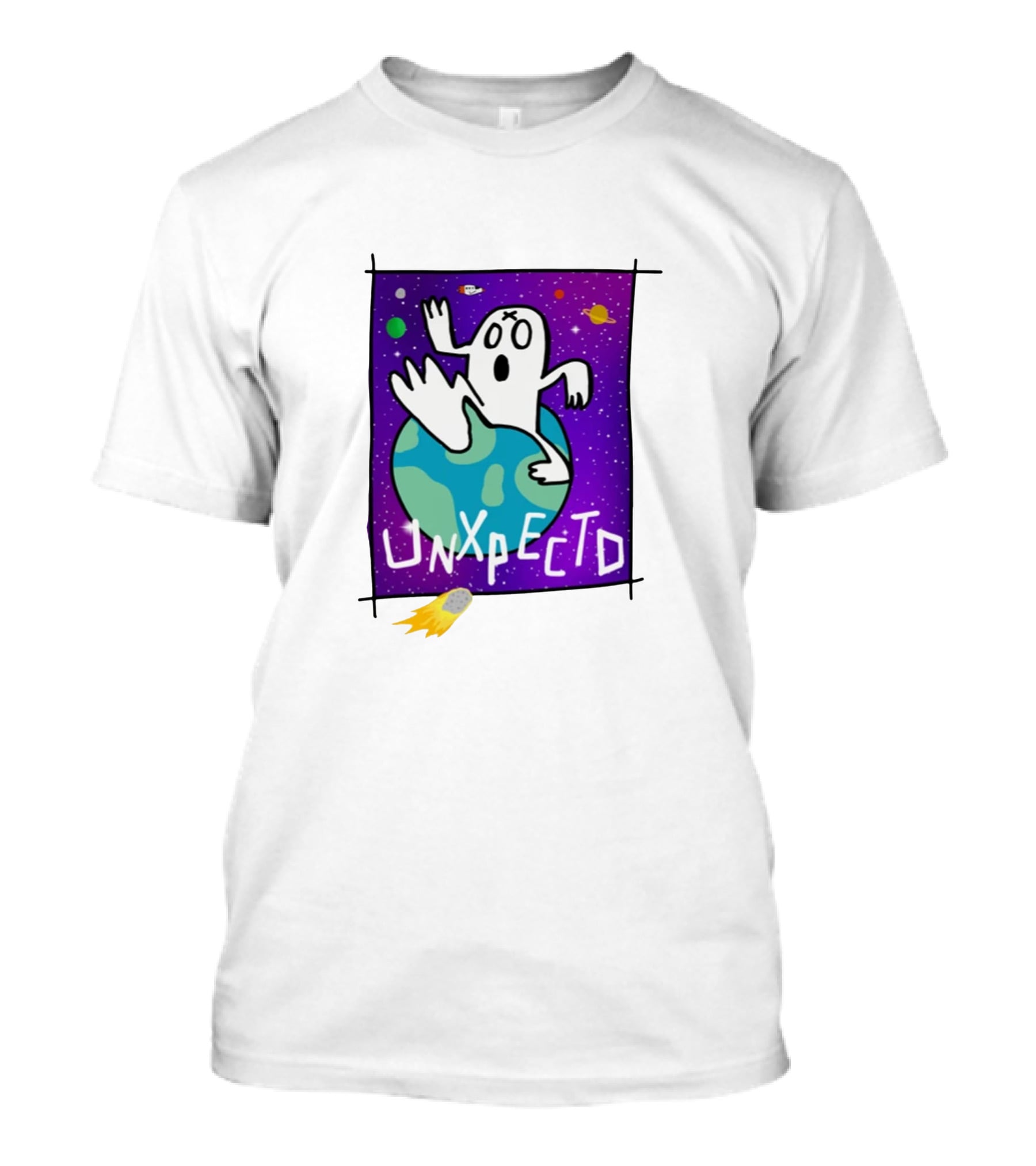 Unxpectd Ghost Mascot Floating In Outer Space With Planets And Asteroids T-Shirt