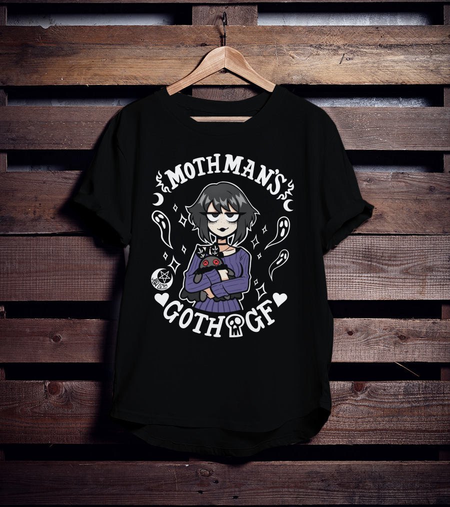 Mothman’s Goth GF Lilith Holding Black Cat Surrounded By Ghosts And Stars T-Shirt