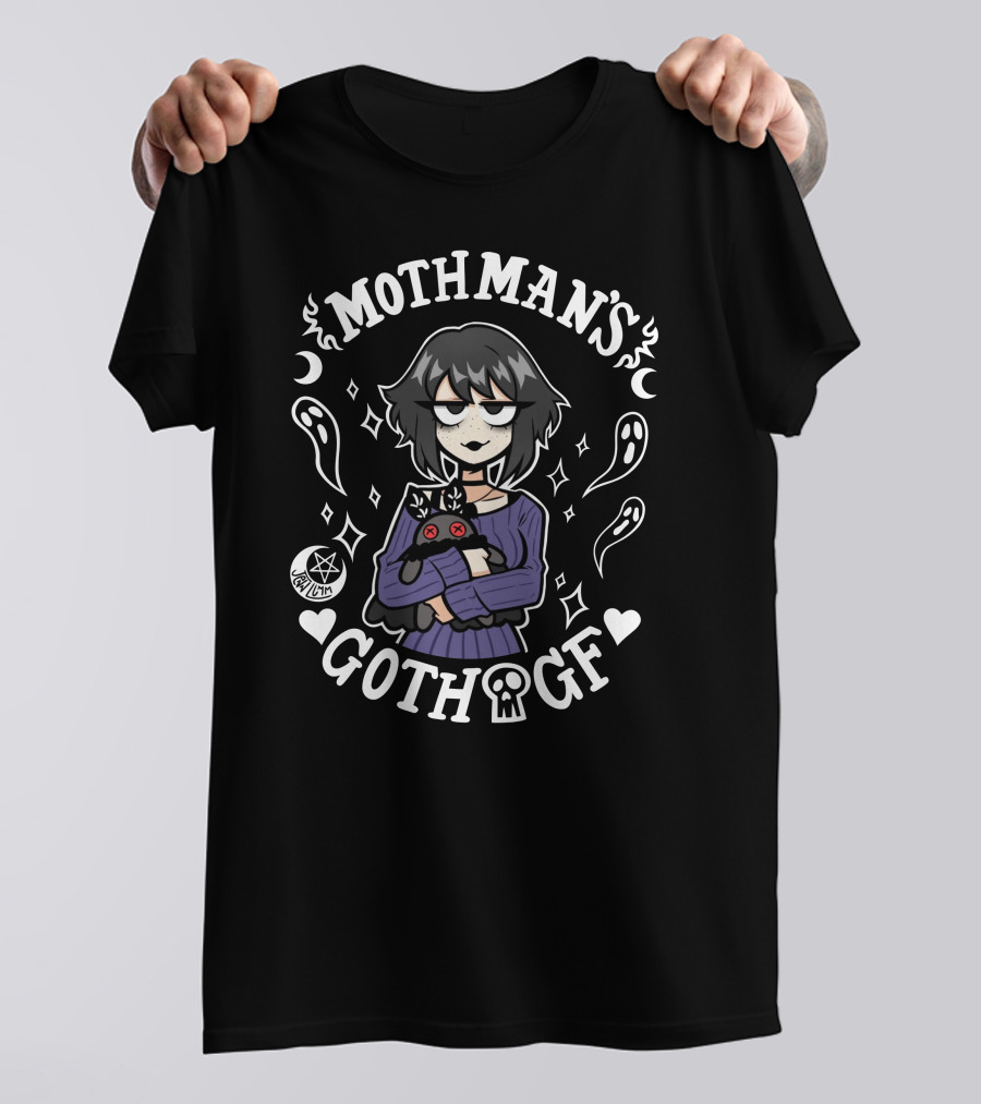 Mothman’s Goth GF Lilith Holding Black Cat Surrounded By Ghosts And Stars T-Shirt