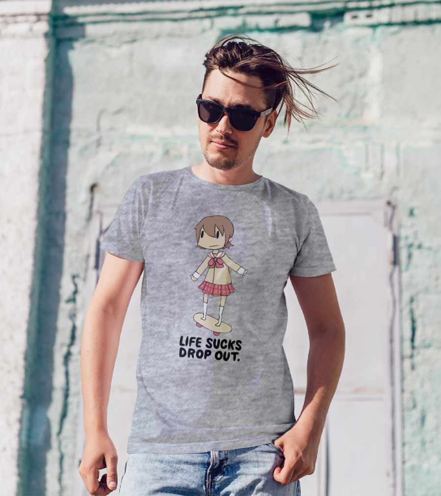 Life Sucks Drop Out Anime Style Character On Skateboard T-Shirt