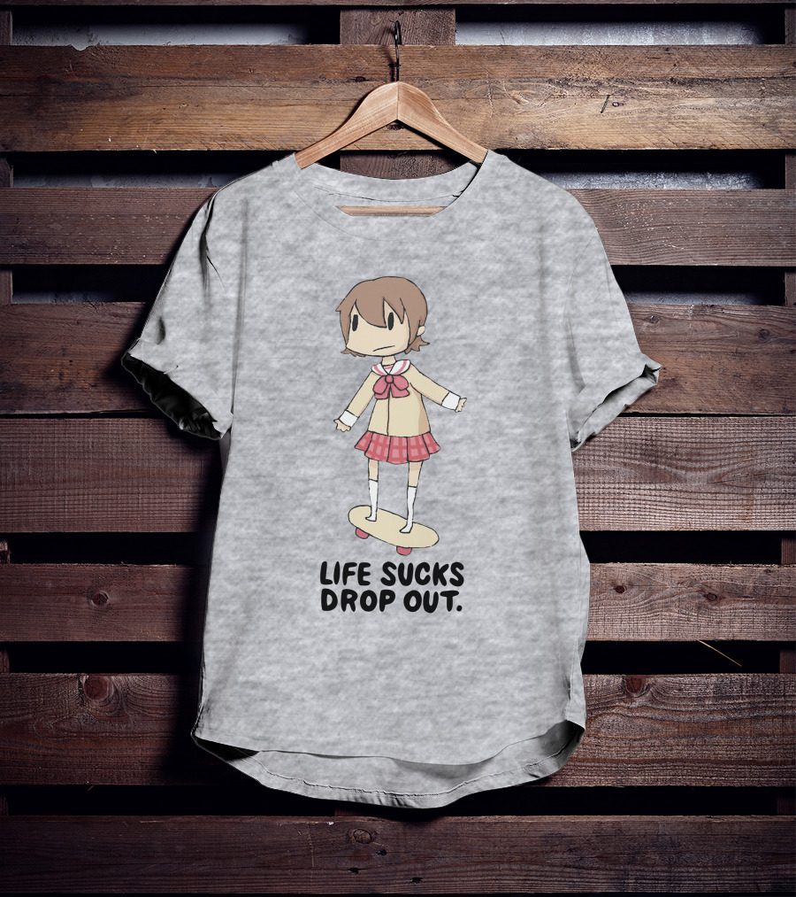 Life Sucks Drop Out Anime Style Character On Skateboard T-Shirt