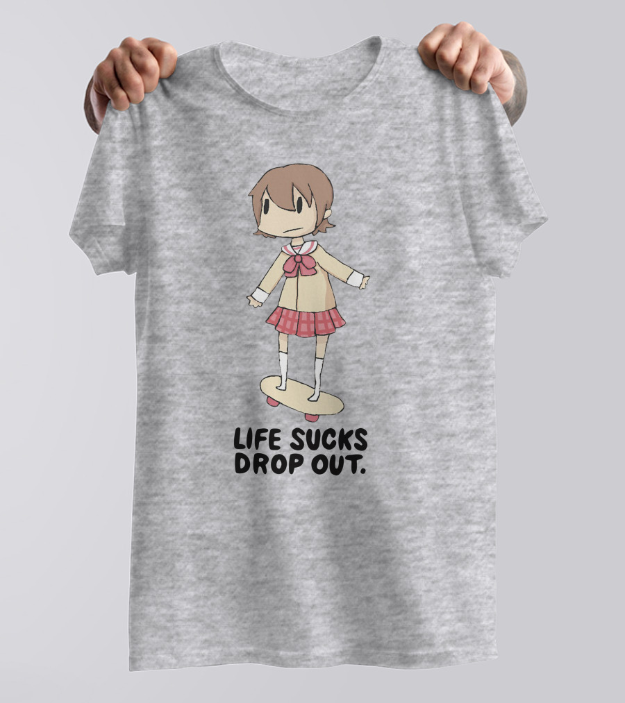 Life Sucks Drop Out Anime Style Character On Skateboard T-Shirt
