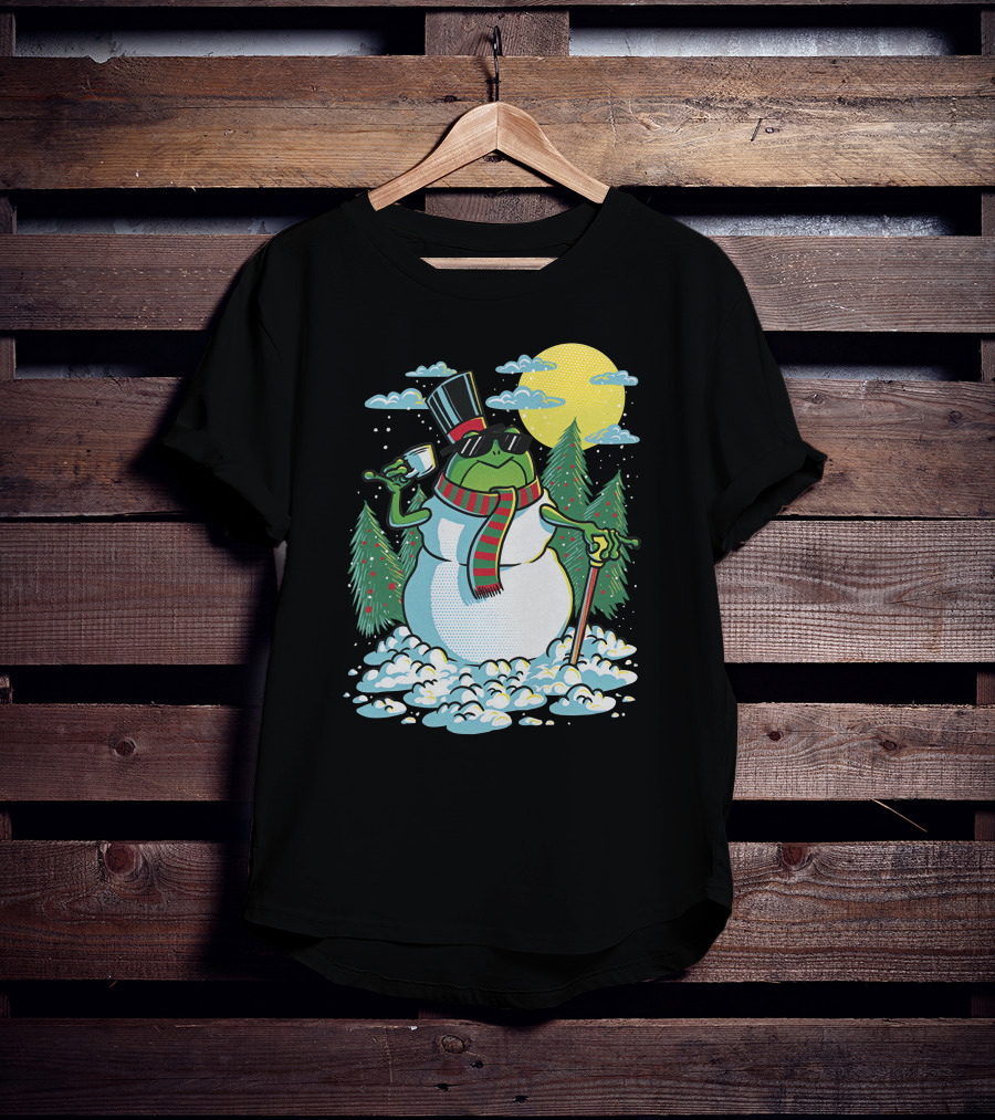 BoomerNA Merch BoomerNA Snowfrog Frog Snowman Christmas Tree Top Hat Cane T-Shirt