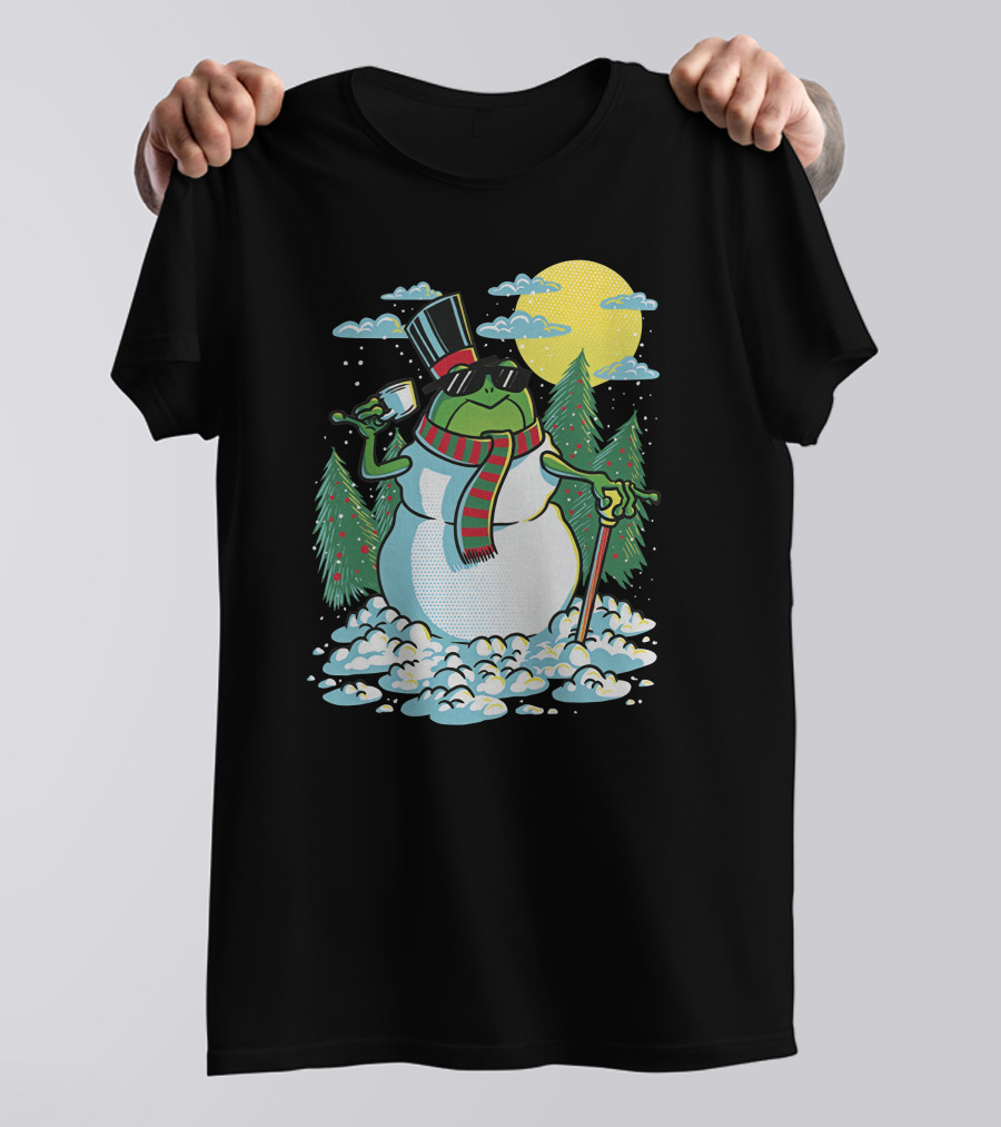 BoomerNA Merch BoomerNA Snowfrog Frog Snowman Christmas Tree Top Hat Cane T-Shirt