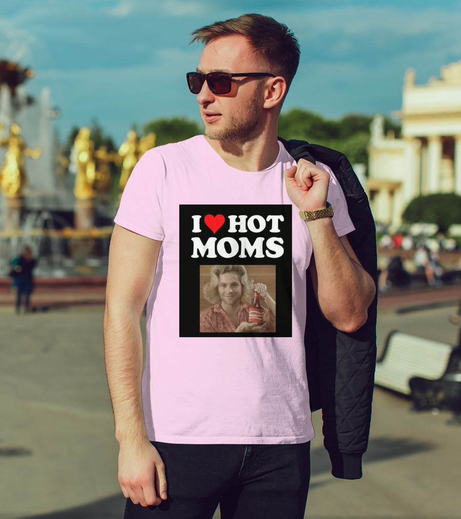 I Love Hot Moms Sauce Bottle Person Image Pink Background T-Shirt
