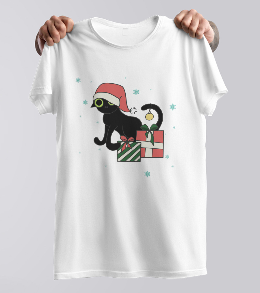 Jinx Holiday Merch Bigfootjinx Holiday Black Cat Santa Hat Presents Snowflakes T-Shirt