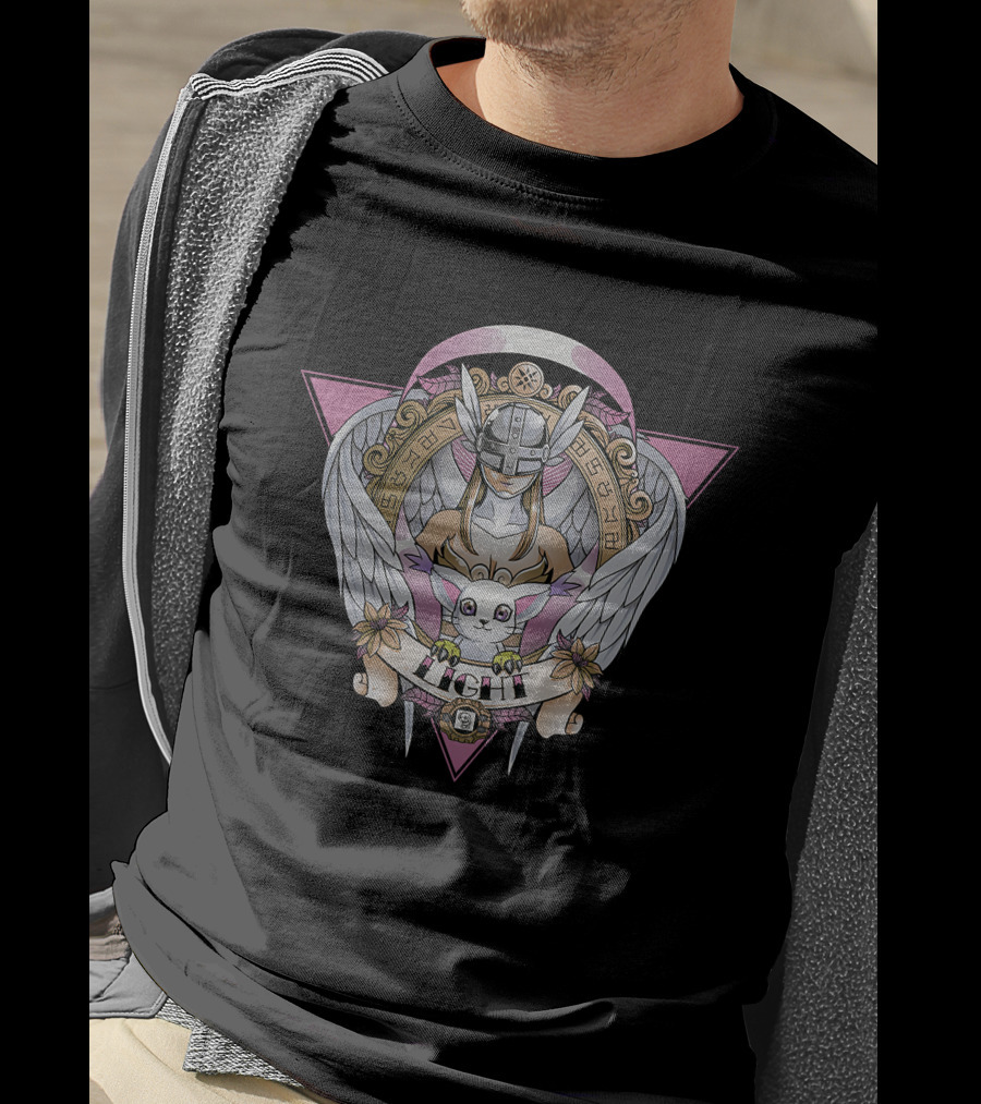 Angewomon Digimon Light Angel Wings Sacred Geometry Design Fight Banner T-Shirt