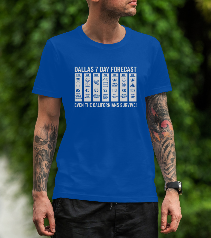 Dallas 7 Day Forecast Weather Parody Even The Californians Survive Bullzerk Merch T-Shirt