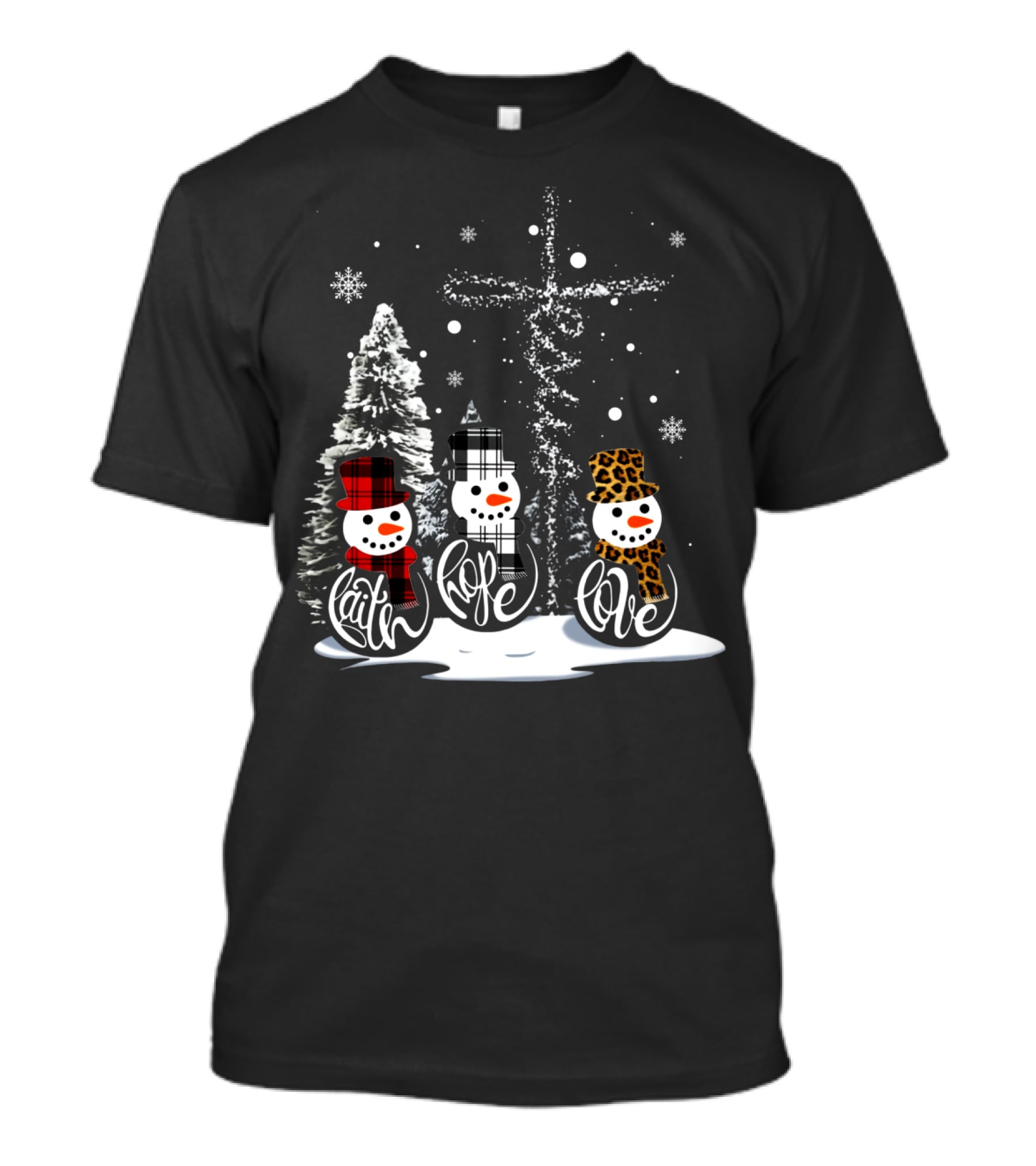 Faith Hope Love Snowmen Jesus Christmas Leopard Plaid T-Shirt