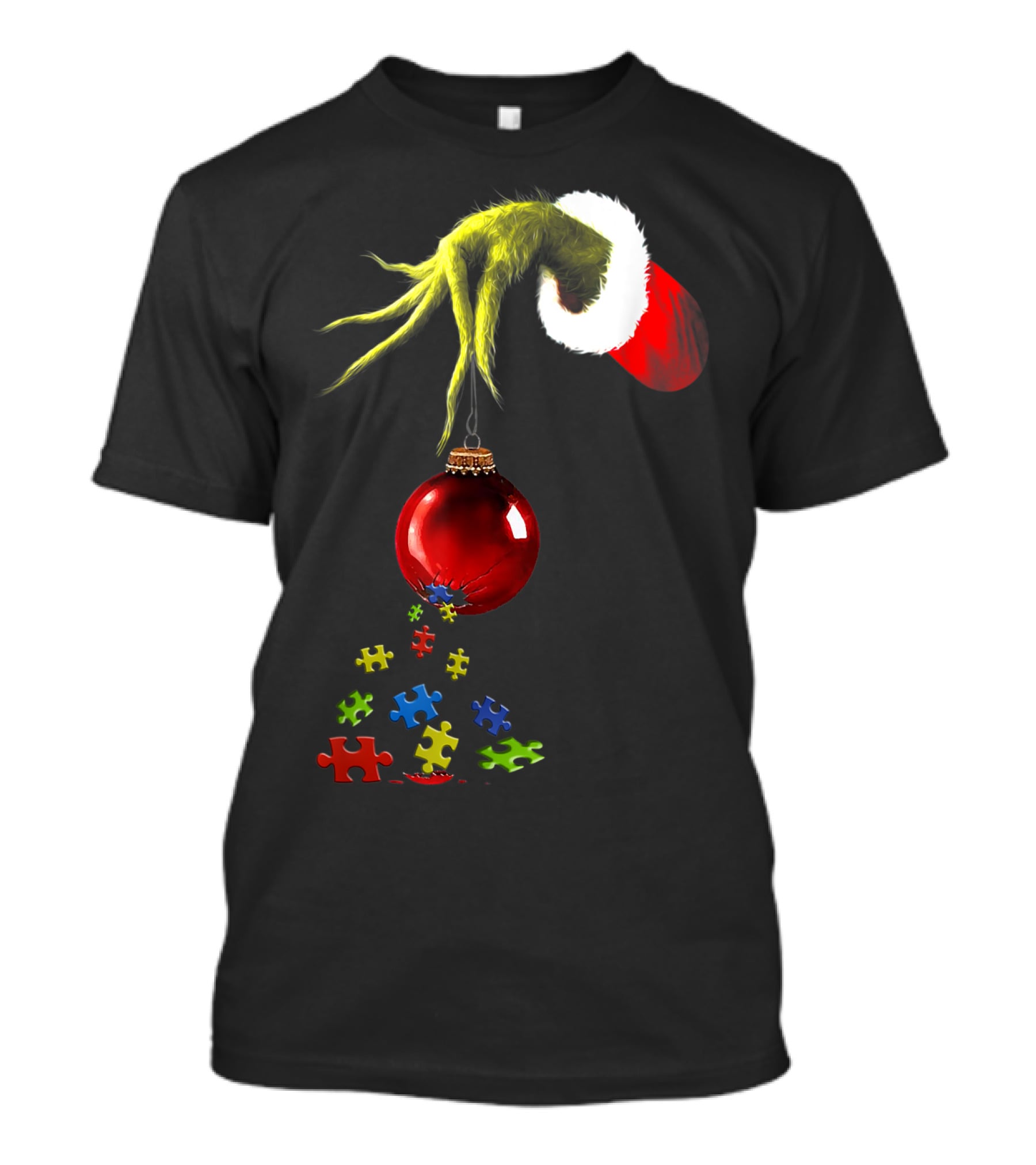 Grinch Hand Holding Red Ornament With Autism Puzzle Pieces T-Shirt