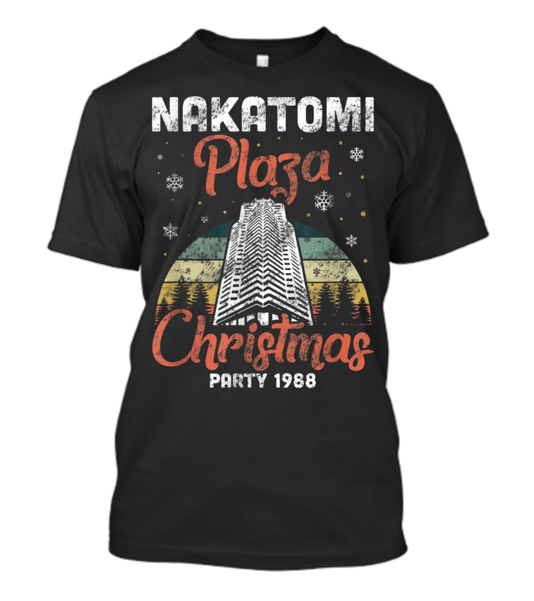 Nakatomi Plaza Christmas Party 1988 Holiday Retro Snowflakes Forest Scene T-Shirt