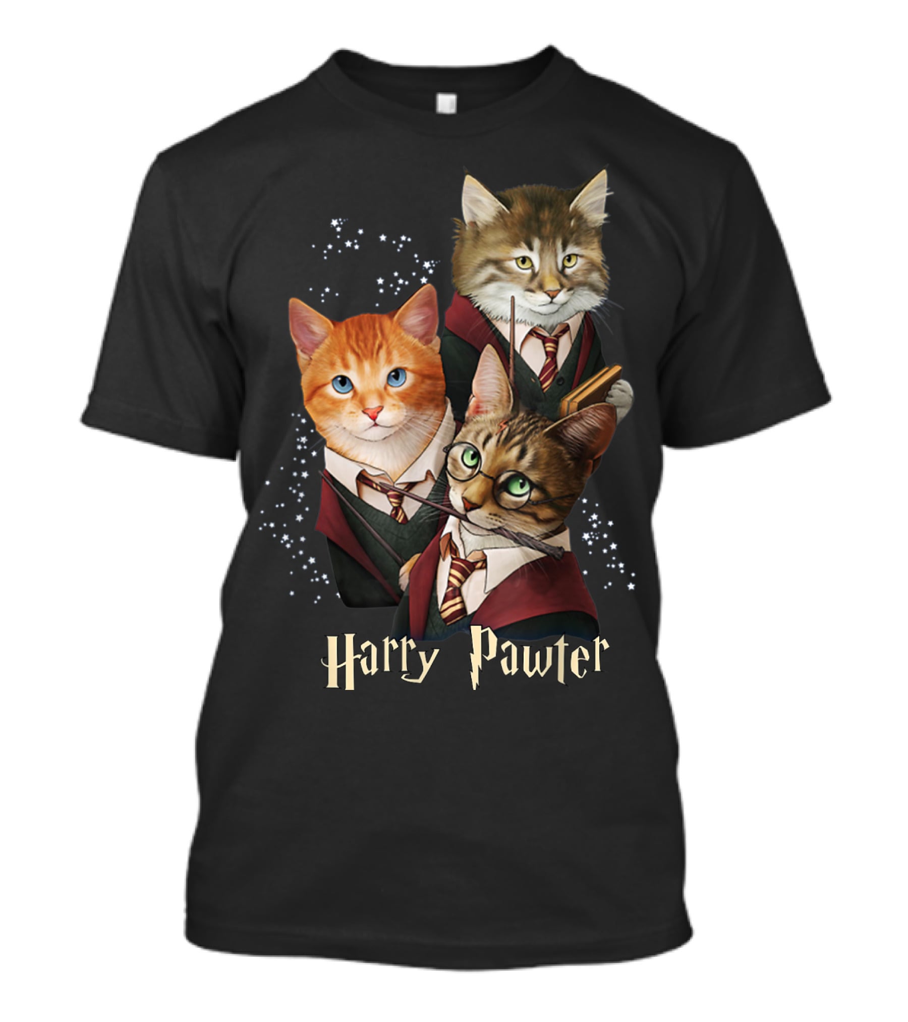 Harry Pawter Cats In Wizard Robes With Wands And Glasses T-Shirt