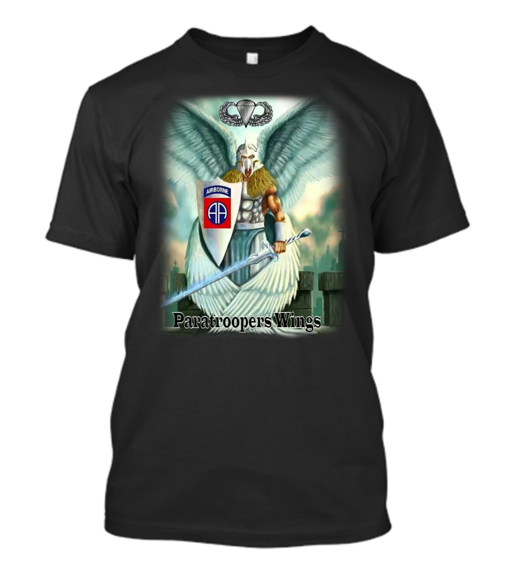 Airborne Paratroopers Wings Angel Warrior With Shield And Sword T-Shirt