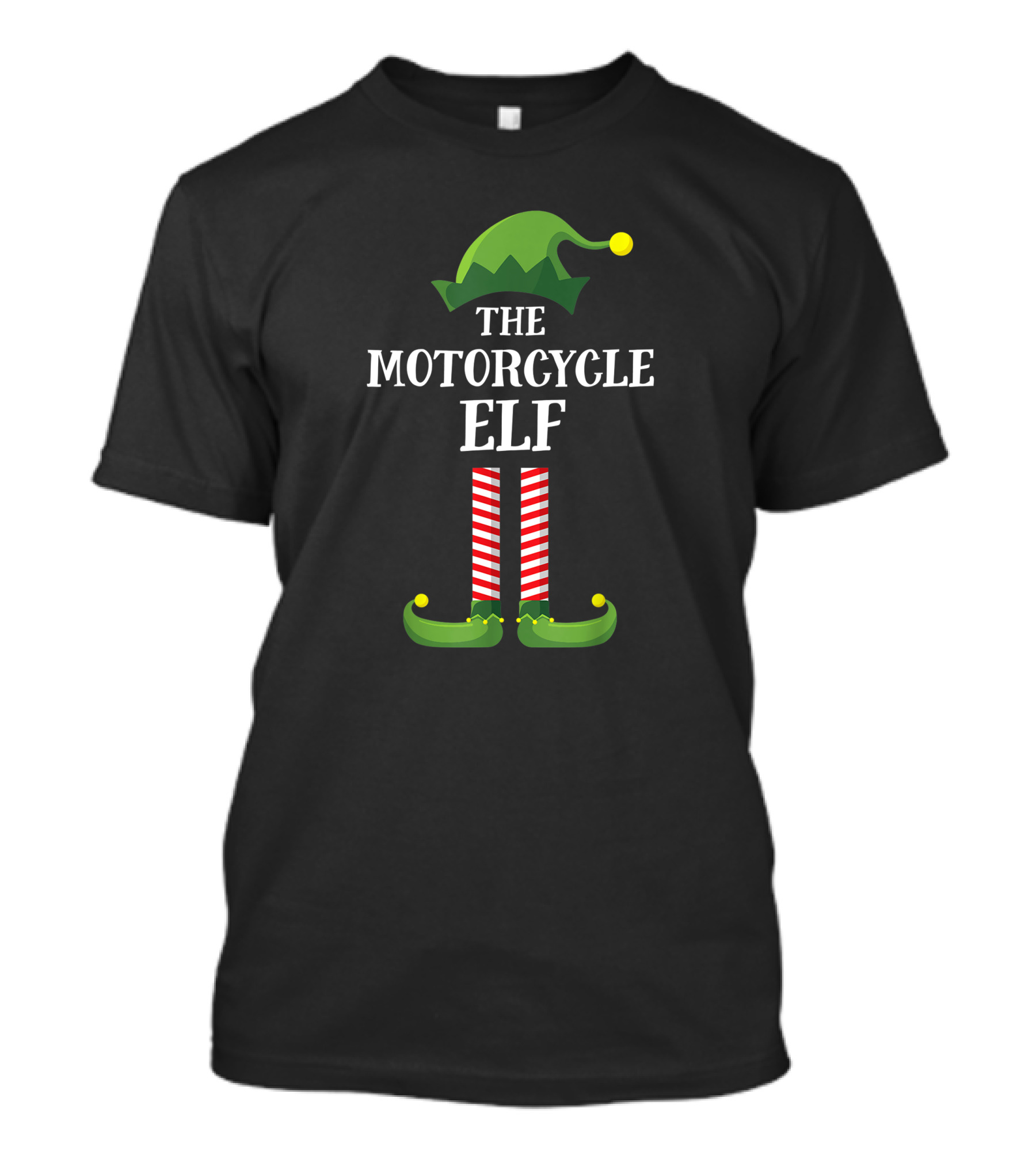 The Motorcycle Elf Green Hat Red Striped Legs Christmas Party Matching Family Group T-Shirt