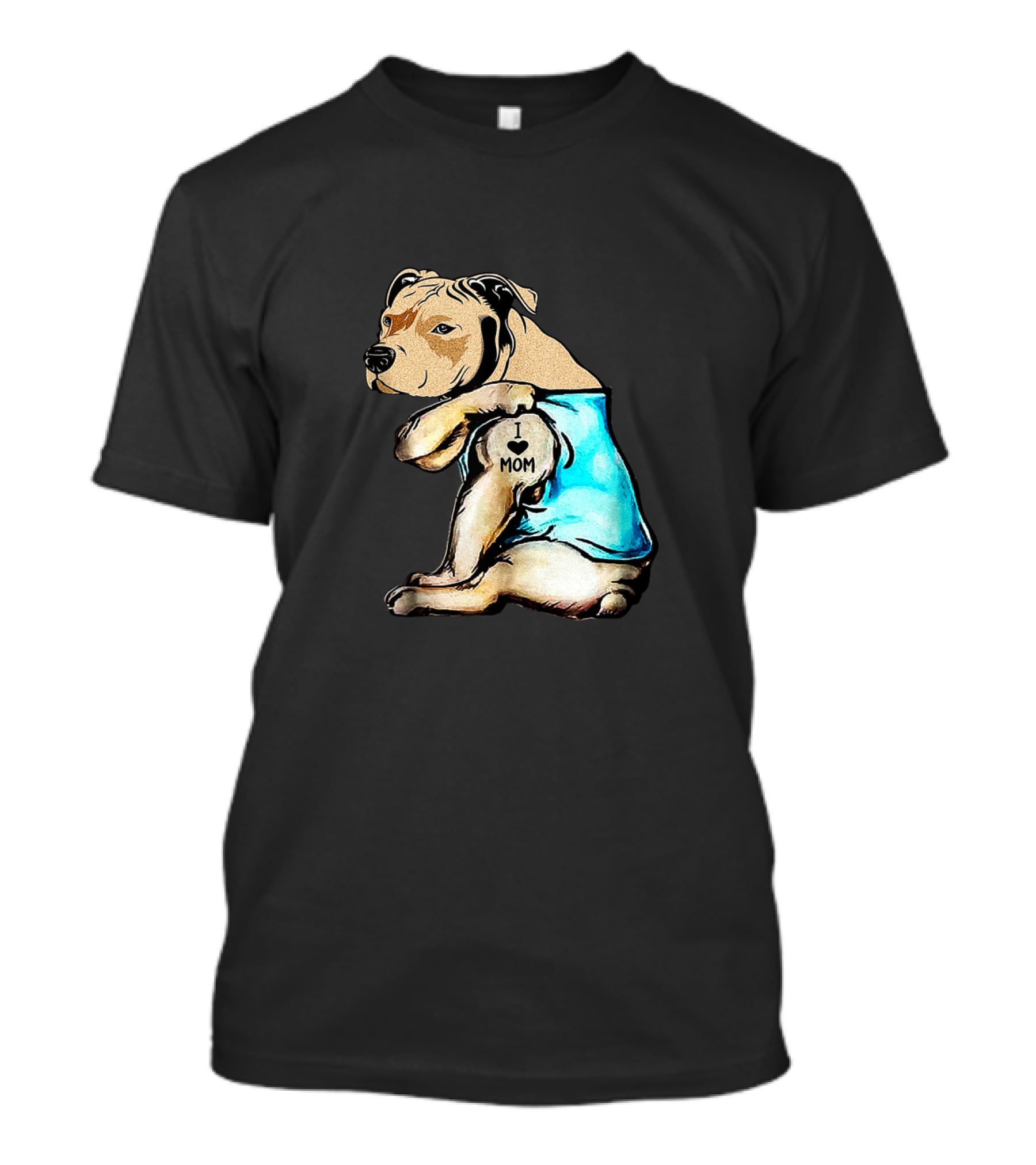 Pit Bull I Love Mom Tattooed Dog In Blue T-Shirt