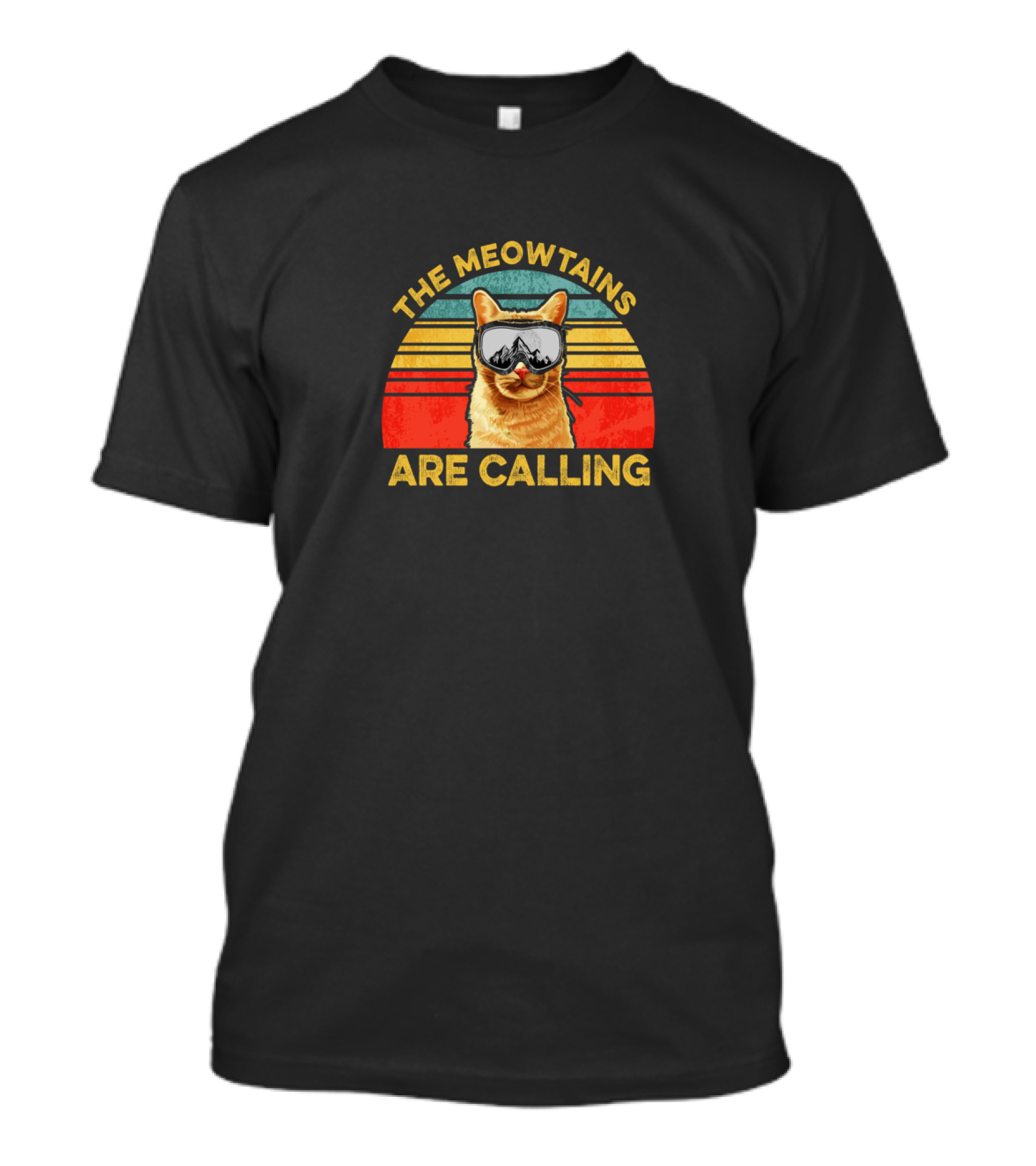 The Meowtains Are Calling Cat With Goggles Retro Sunset T-Shirt