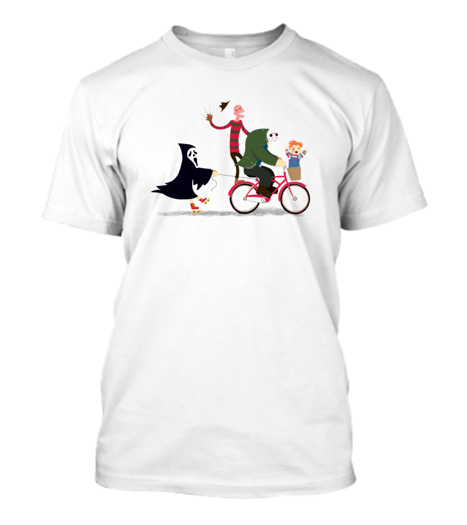 Horror Characters Night Ride With Ghost Mask Freddy Jason And Doll On Bicycle T-Shirt