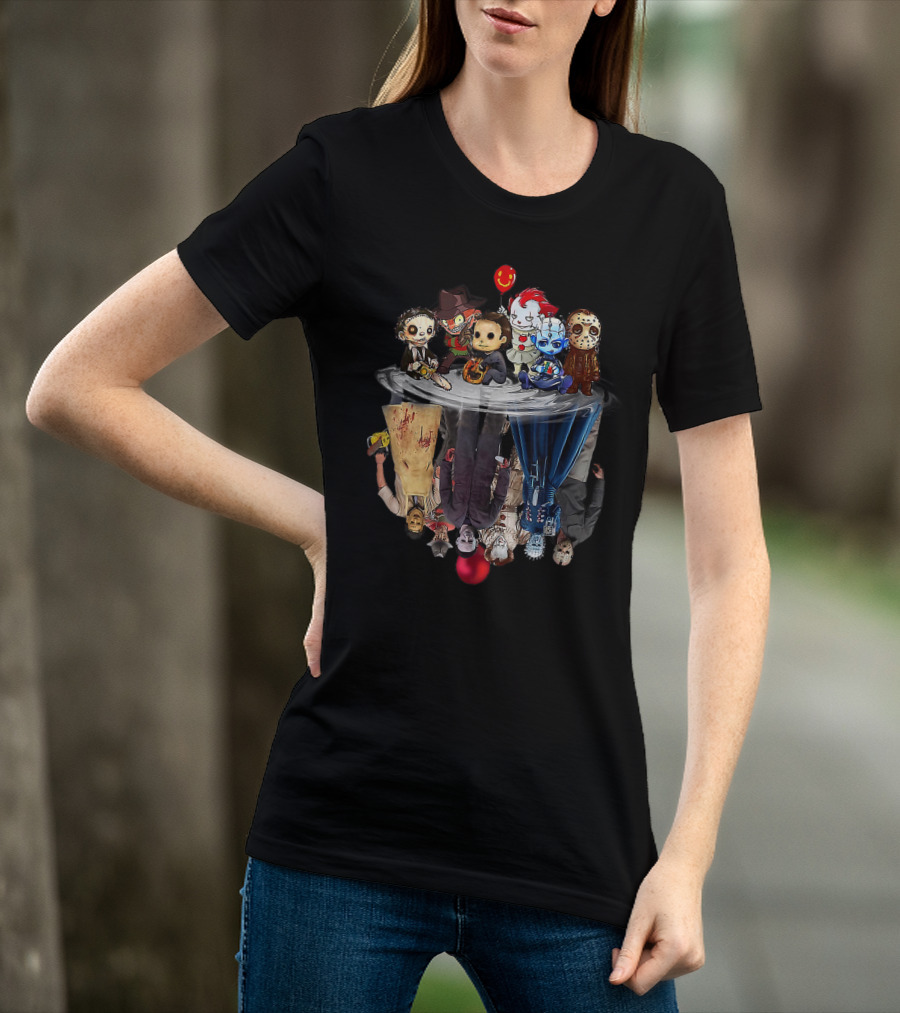Cute Horror Movie Chibi Character Water Reflection Iconic Figures T-Shirt