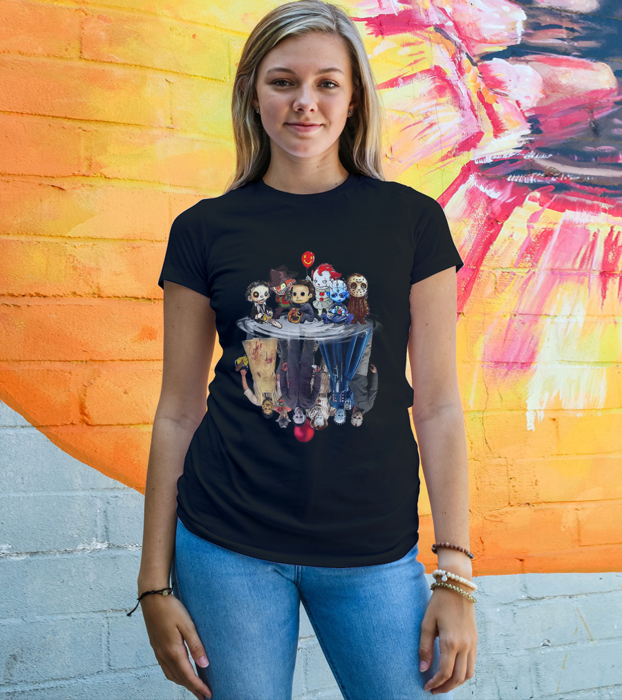 Cute Horror Movie Chibi Character Water Reflection Iconic Figures T-Shirt