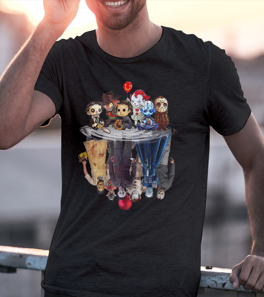 Cute Horror Movie Chibi Character Water Reflection Iconic Figures T-Shirt