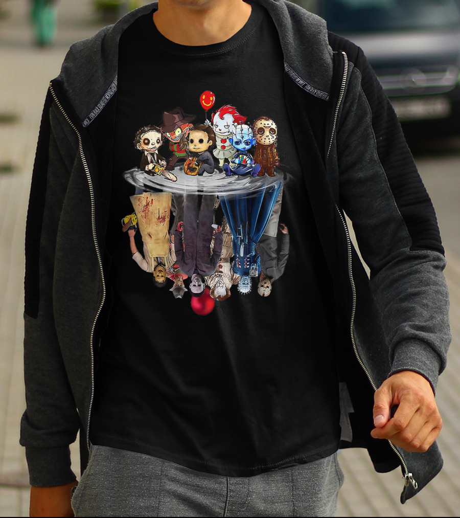 Cute Horror Movie Chibi Character Water Reflection Iconic Figures T-Shirt
