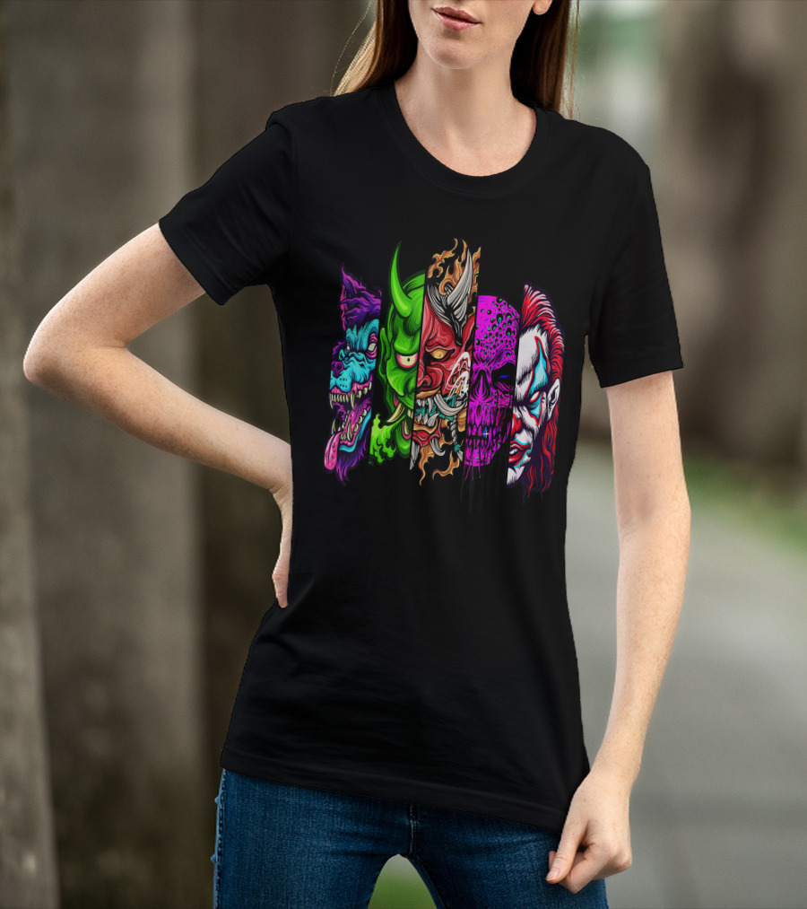 Evil Demons Horror Creatures Scary Halloween Monster Faces T-Shirt