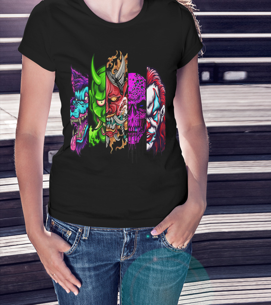 Evil Demons Horror Creatures Scary Halloween Monster Faces T-Shirt