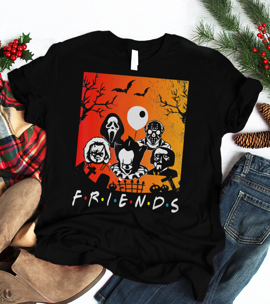 Friends Of Horror Halloween Characters Collage T-Shirt