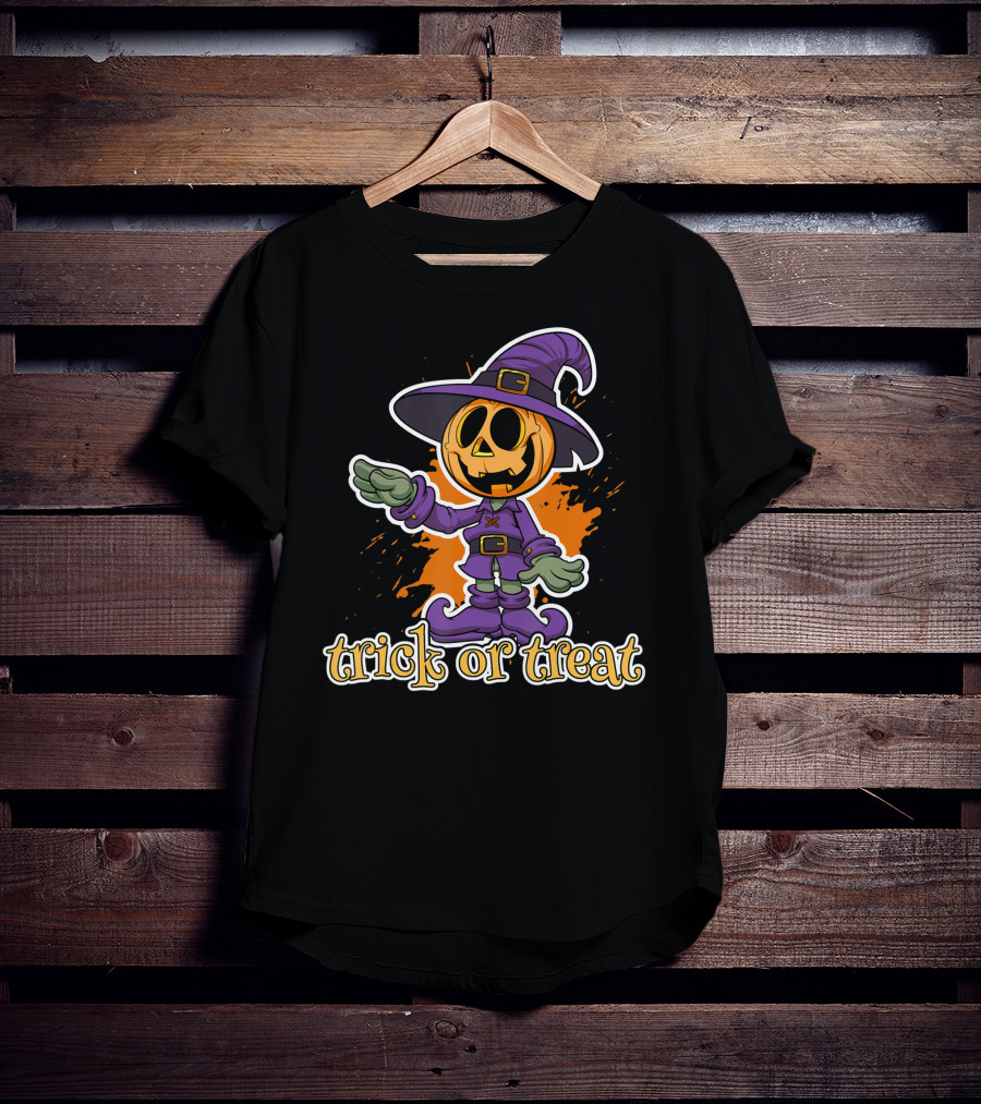 Trick Or Treat Funny Halloween Pumpkin In Witch Hat T-Shirt