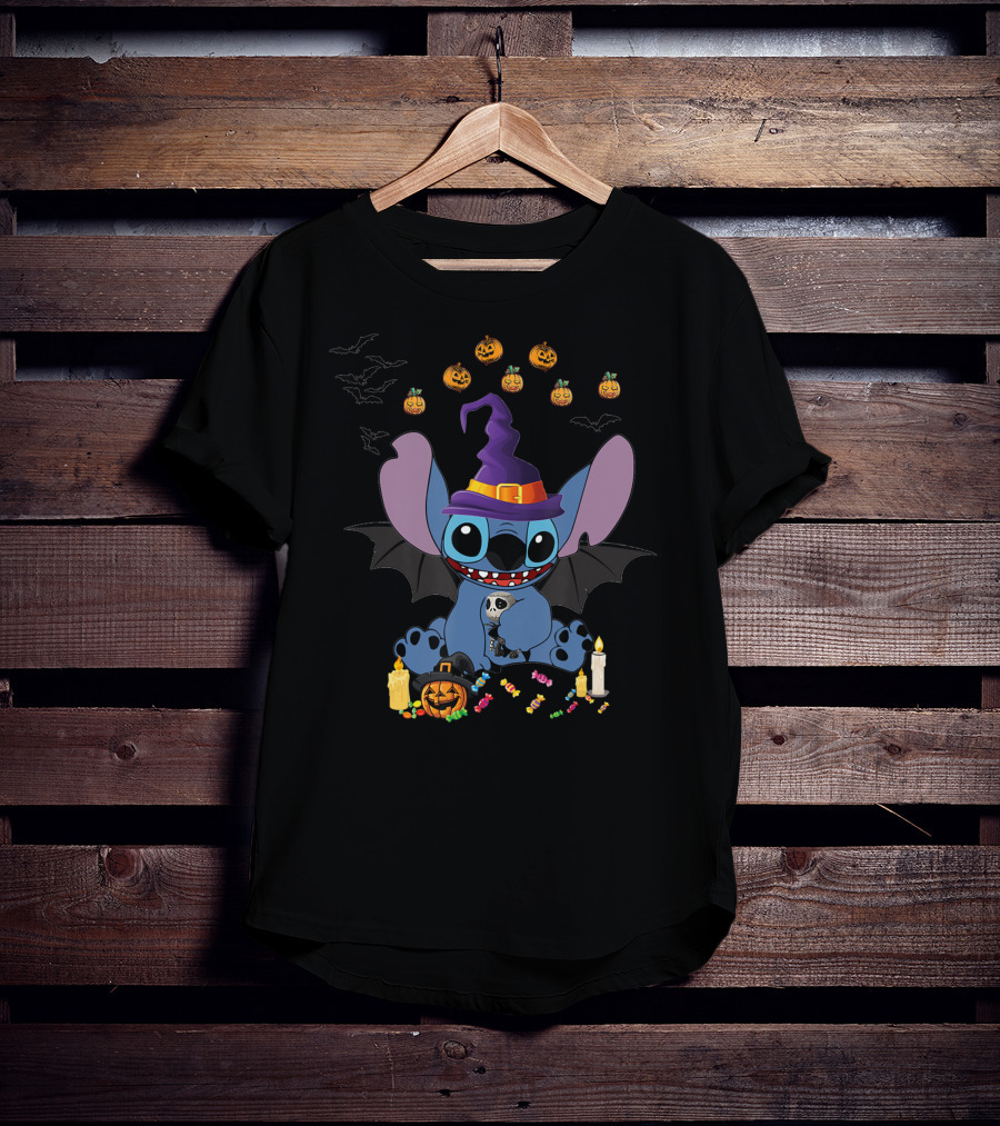 Stitch In Witch Hat Surrounded By Pumpkins And Candies T-Shirt