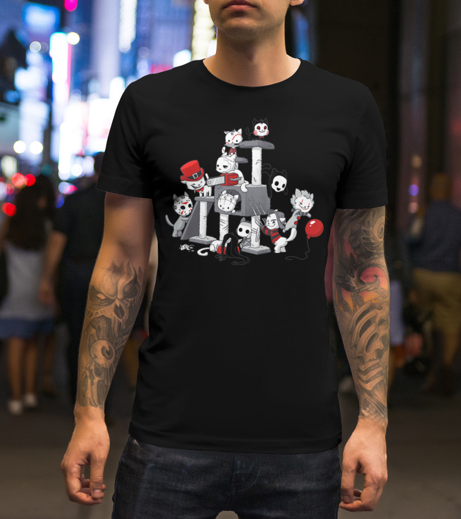 Halloween Funny Cute Cats Horror Movie Characters T-Shirt