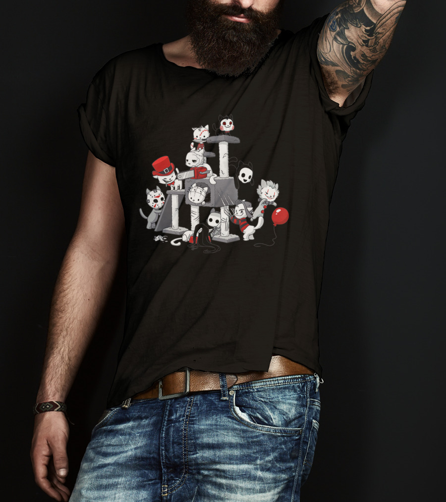 Halloween Funny Cute Cats Horror Movie Characters T-Shirt