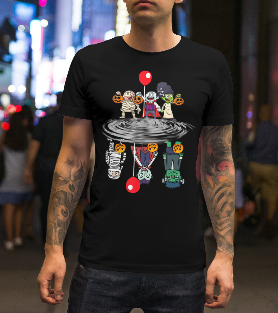 Halloween Horror Characters Reflection In Water With Red Balloons T-Shirt