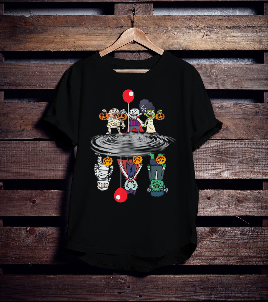 Halloween Horror Characters Reflection In Water With Red Balloons T-Shirt