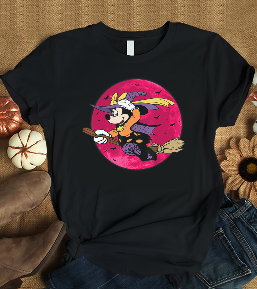 Happy Halloween Witch Costume Broomstick Against Pink Moon With Bats T-Shirt