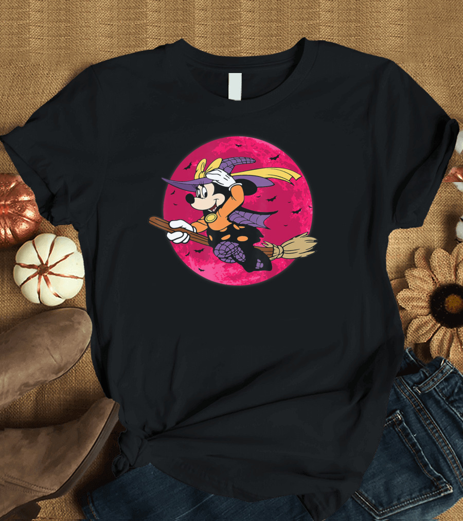 Happy Halloween Witch Costume Broomstick Against Pink Moon With Bats T-Shirt