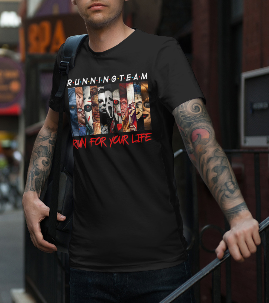 RUNNING TEAM RUN FOR YOUR LIFE Horror Movie Characters Halloween T-Shirt