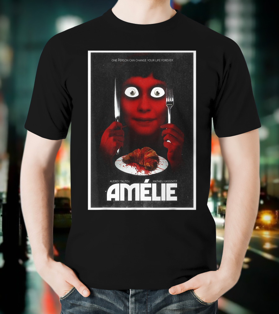 Amélie Horror Parody Audrey Tautou Matthieu Kassovitz Creepy Croissant T-Shirt